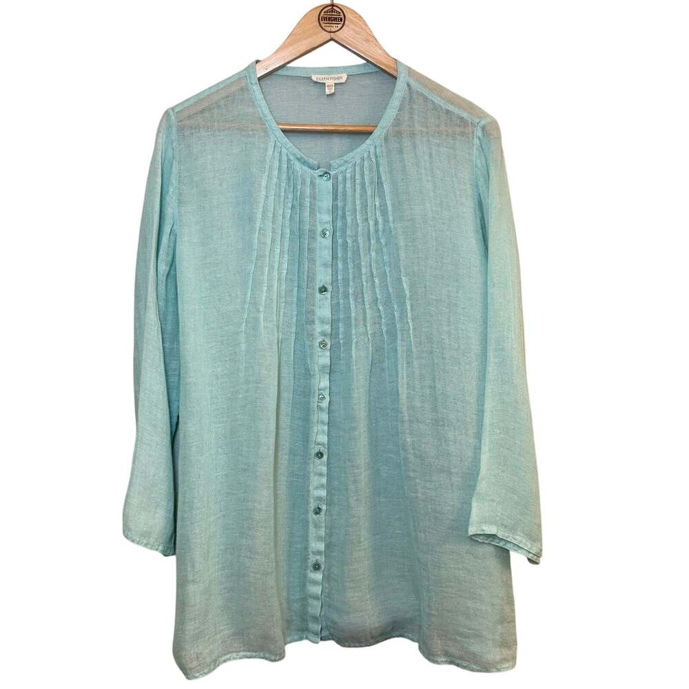 Eileen Fisher Blouse 100% Linen Button Front Pleated Semi-Sheer Teal Blue Medium